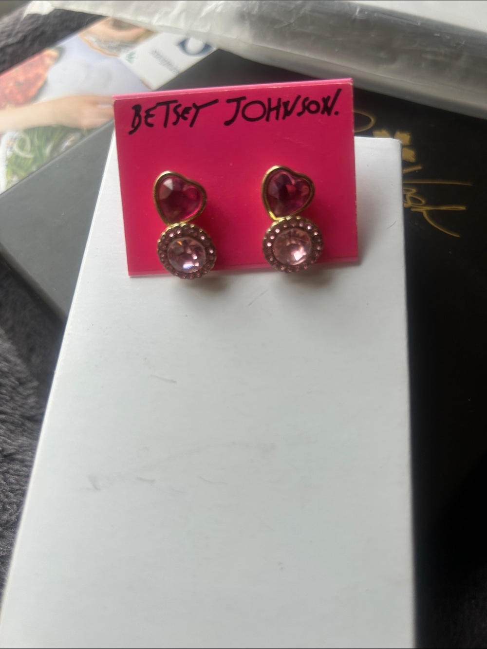 Betsey Johnson Gold-Tone Pink Heart & pink Crystal post earrings. Two pairs